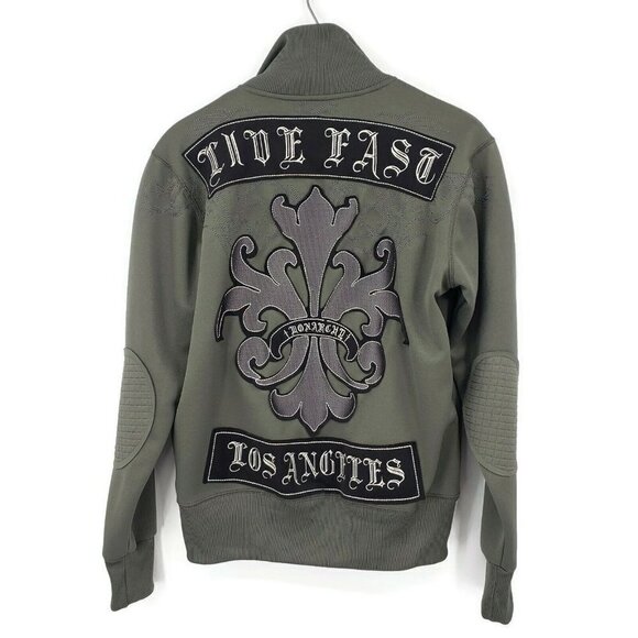 Monarchy Full Zip Sweatshirt Mens Small Army Green Olive Embroidered Live Fast - Picture 2 of 4